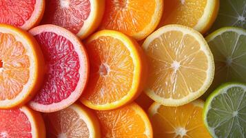 AI generated An elegant background with slices of various citrus fruits like oranges, lemons, and limes arranged artistically for a freshness. photo