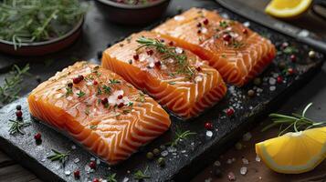 ai generado perfectamente salmón filetes congelado comida fruto de mar. foto