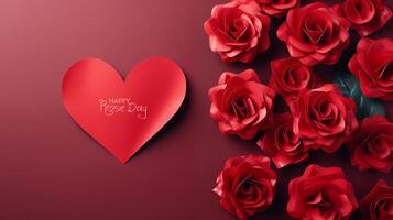 AI generated Happy Rose Daywish Greeting Card With A Red Rose 3d Style Background photo