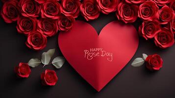 AI generated Happy Rose Daywish Greeting Card With A Red Rose 3d Style Background photo