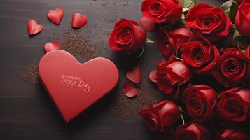 AI generated Happy Rose Daywish Greeting Card With A Red Rose 3d Style Background photo