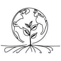 black line art tree growing sprout from planet Earth. continuous one line sketch drawing vector illustration