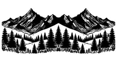 Panorama silhouette mountain with forest pine trees landscape black line Sketch art Hand drawn style vector illustration