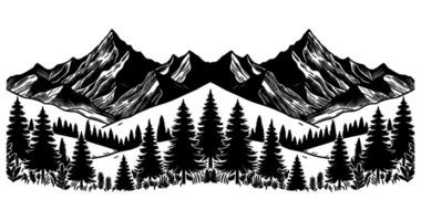 Panorama silhouette mountain with forest pine trees landscape black line Sketch art Hand drawn style vector illustration