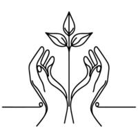 Continuous one black line art tree sprout growing from hands. Earth planet protection concept day hand sketch drawing doodle style vector