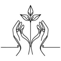 Continuous one black line art tree sprout growing from hands. Earth planet protection concept day hand sketch drawing doodle style vector