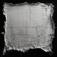 AI generated black and white grunge of a torn white fabric, black background, photo