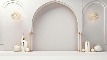 AI generated Ramadan background all white, gold accents. minimalism 3d rendering photo