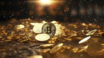 AI generated Shimmering golden bitcoins cascading in slow motion, aesthetic style, photo
