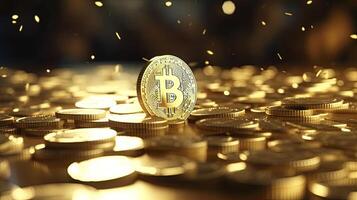 AI generated Shimmering golden bitcoins cascading in slow motion, aesthetic style, photo