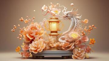 AI generated Happy chinese new year the dragon zodiac sign with flower, lantern, chinese elements. made from resine luxury style. 3d render. photo