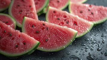 AI generated Piles of fresh watermelons slices filled the entire space. wet with water droplets, photographed from above. photo