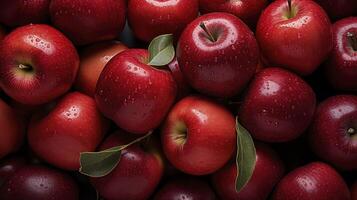 AI generated Red apples background, wet with water droplets, are piled into a large container and photographed from above. photo