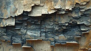 AI generated Pile of old parchment paper and vintage texture background of old damaged books. photo