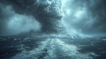 ai generado un tornado tormenta en el medio de el abierto océano, con tornados apareciendo terminado el agua. hipermaximalista, foto