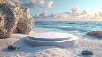 AI generated close-up a white podium in round-shaped displayed on the sand. Blue sky background. photo