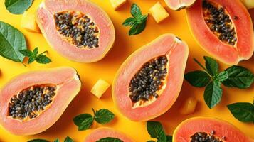 AI generated slices of papaya, a creative layout to highlight the fruit's freshness and deliciousness, direct top view. photo