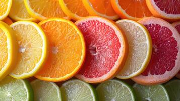 ai generado un elegante antecedentes con rebanadas de varios agrios frutas me gusta naranjas, limones, y limas arreglado artísticamente para un frescura. foto