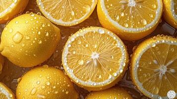 AI generated Pile of lemon slices with fresh water drops. photo