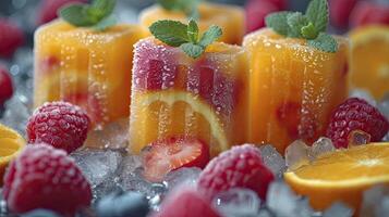 AI generated Fresh fruit popsicles on a white table. fruit popsicles, kiwi, strawberry, orange. Sweet desert background. photo