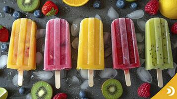 ai generado Fresco Fruta Paletas de hielo en un blanco mesa. Fruta Paletas de hielo, kiwi, fresa, naranja. dulce Desierto antecedentes. foto