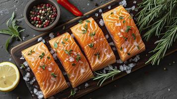 ai generado perfectamente salmón filetes congelado comida fruto de mar. foto