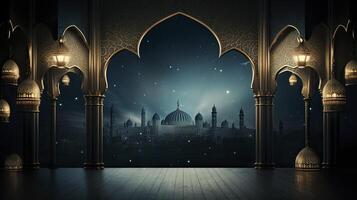 ai generado Ramadán fondo, gratis espacio, Arte decoración, oscuro azul antecedentes foto