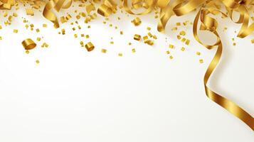 AI generated Golden Tiny Confetti And Streamer Ribbon Falling On White Background. 3d render elegant. photo