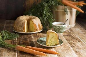 Sugar glazed carrot cake, homemade baked goods, rustic, national carrot cake day photo