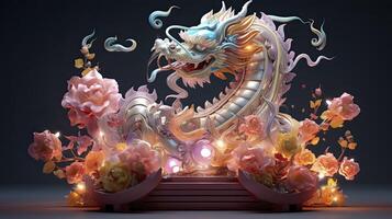 AI generated Happy chinese new year the dragon zodiac sign with flower, lantern, chinese elements on color background. made from resine luxury style. 3d render, transparent resine. photo