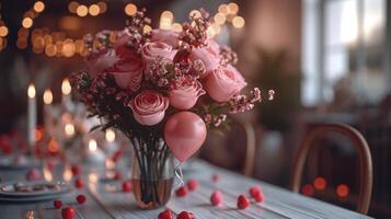 AI generated pink roses on the dinner table. valentine background photo