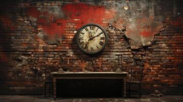 AI generated Industrial backdrop. Empty room with wooden table, classic clock and brick wall behind it. photo