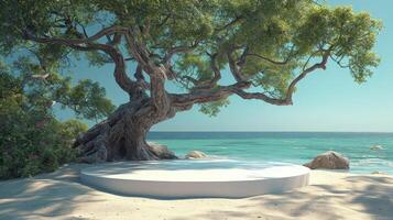 AI generated close-up a white podium in round-shaped displayed on the sand. Blue sky background. photo