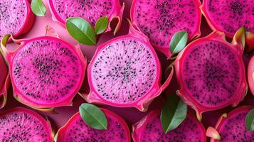 AI generated Stunning background featuring slices of vibrant dragon fruit arranged artistically, capturing the exotic appeal and refreshing hues, full of frame, fresh vibe, top of view, photo