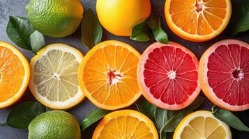 AI generated An elegant background with slices of various citrus fruits like oranges, lemons, and limes arranged artistically for a freshness. photo