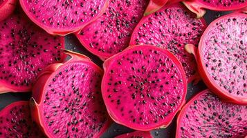 AI generated Stunning background featuring slices of vibrant dragon fruit arranged artistically, capturing the exotic appeal and refreshing hues, full of frame, fresh vibe, top of view, photo