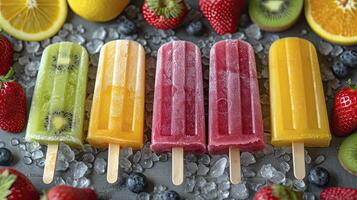 AI generated Fresh fruit popsicles on a white table. fruit popsicles, kiwi, strawberry, orange. Sweet desert background. photo