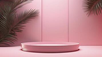 AI generated Abstract sweet pink 3D room with realistic pink cylindrical pedestal podium set and shadow overlay of palm leaves. Minimal scene for product display presentation. 3d rendering, photo