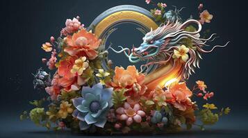 AI generated Happy chinese new year the dragon zodiac sign with flower, lantern, chinese elements on color background. made from resine luxury style. 3d render, transparent resine. photo