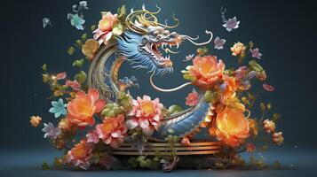 AI generated Happy chinese new year the dragon zodiac sign with flower, lantern, chinese elements on color background. made from resine luxury style. 3d render, transparent resine. photo