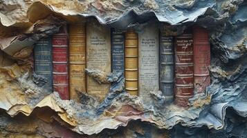 AI generated Pile of old parchment paper and vintage texture background of old damaged books. photo