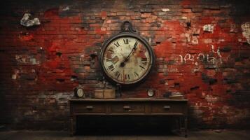 AI generated Industrial backdrop. Empty room with wooden table, classic clock and brick wall behind it. photo