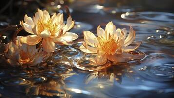 AI generated Lotus flowers on the water and sparkling reflections of night shades. flowers floating on serene. photo