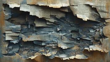 AI generated Pile of old parchment paper and vintage texture background of old damaged books. photo