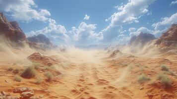 AI generated sand tornadoes in the desert surrounded by green oasis views. photo