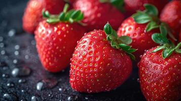 AI generated Strawberries background. Red strawberries arranged in a visually pleasing manner, with sparkling water droplets for a tempting appearance, full of frame, fresh vibe. photo