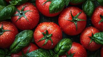 AI generated Tomato background. fresh tomatoes creatively arranged, an artistic layout to showcase color and shape. photo