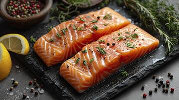 ai generado perfectamente salmón filetes congelado comida fruto de mar. foto