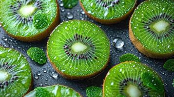 AI generated Exotic Kiwi background. Exotic appeal of perfectly round kiwi slices. photo