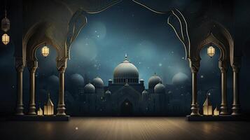 AI generated Ramadan background, free space, Art Deco, dark blue background photo